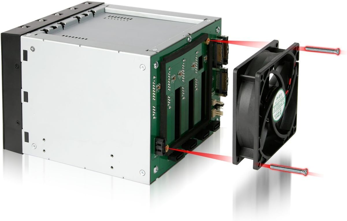 Diagram showing removal of the cooling fan from the ICY DOCK FatCage MB155SP-B