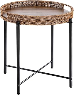 19in Round Rattan Side Table with Wooden Tray，Small Round Wicker Wooden End Table，Rattan End Table for Indoor Use, Living Room, Bedroom, Office, Balcony-Brown
