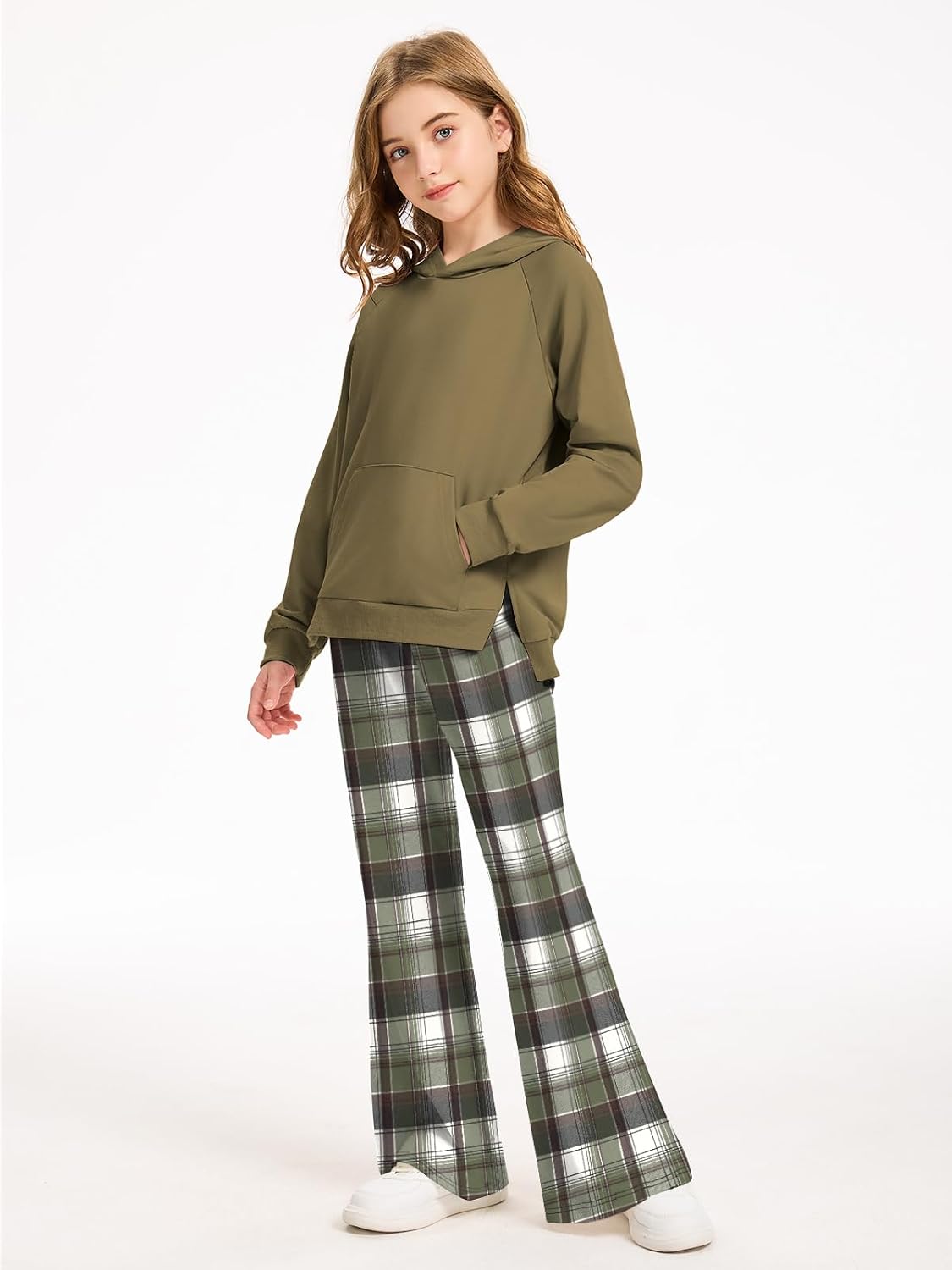 AMAWMW Girls Clothes Fashion Outfits 2 Piece Long Sleeve Hoodie Sweatshirt and Plaid Flare Pants Girls' Clothing Sets
