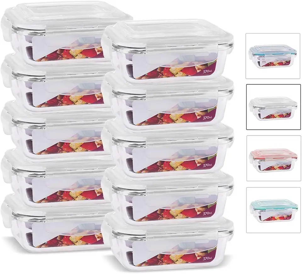 House Organizer Kit 10 Potes de Vidro Retangular com Tampa Hermética 370ml