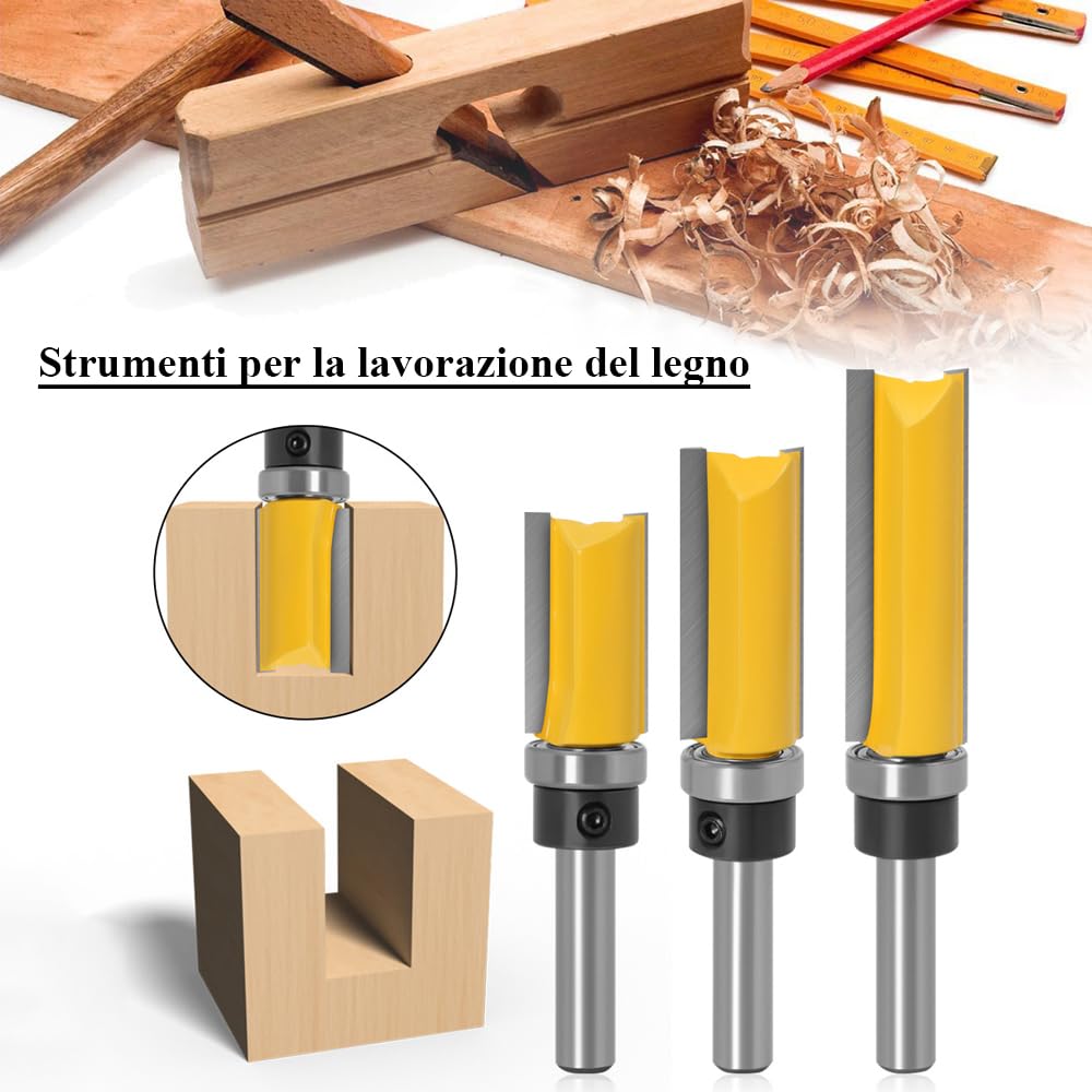 Mesee 3Pcs Fresa a Taglienti Diritti per Rifilare con Cuscinetto, 8mm Gambo Frese per Rifilare Punte Fresa a Copiare Frese per Scanalatura Doppia per Tagliare il Legno