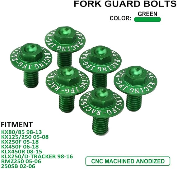 AnXin 6 Pcs CNC Green Fork Guard Bolts Screw for KX80 KX85 KX125 KX250 KX250F KX450F KLX450 KLX300R KLX450R KLX150BF KLX250/D-TRACKER RMZ250 250SB BETA RR2T 125-300 RR4T 350-500 Motorcycle