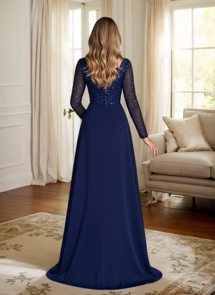 Long Sleeve Prom Dress 2026 Satin Square Neck Formal Gown with Slit Prom Wedding Party - Image 4