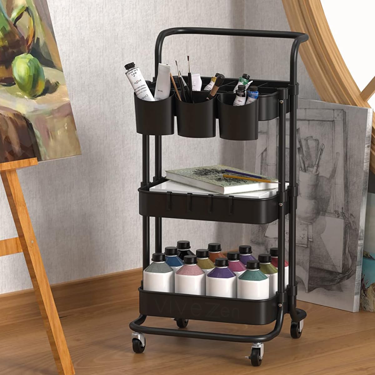 Vivezen - Carrito Auxiliar, Carrito de Almacenamiento con Ruedas y asa - 3 estantes