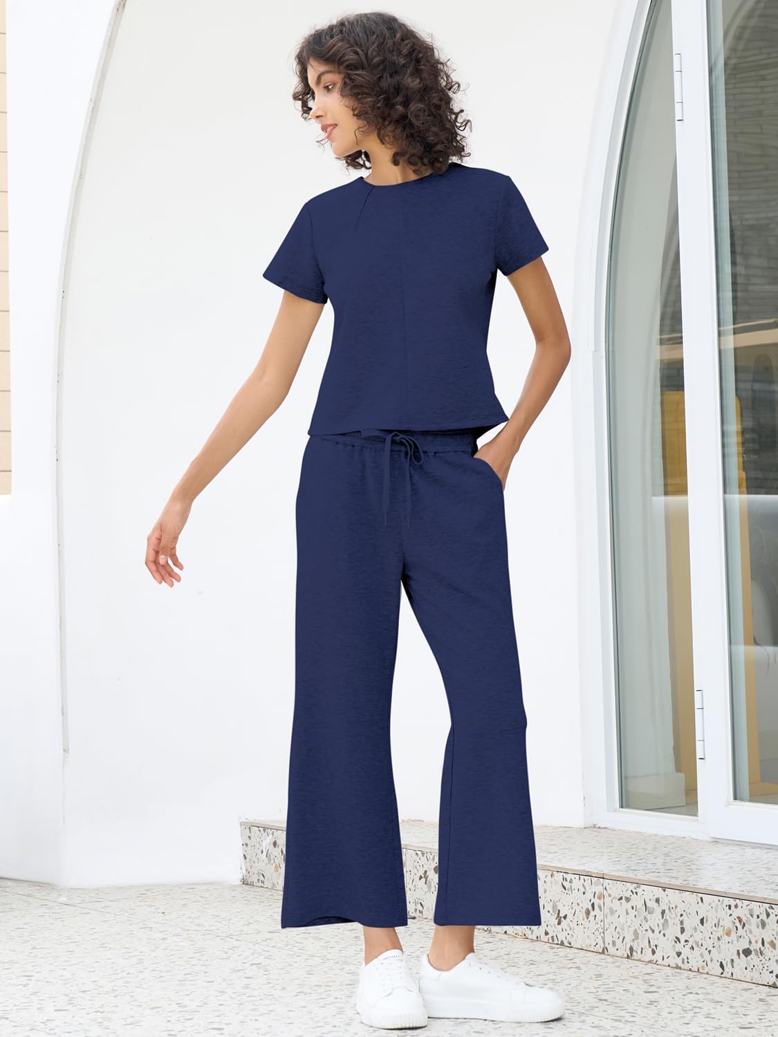 EYZH Womens Travel Outfits 2 Piece Sets,Short Sleeve Crewneck Tops Wide Leg Crop Pants,Lounge Sets Two Piece Casual Tracksuit - Image 3