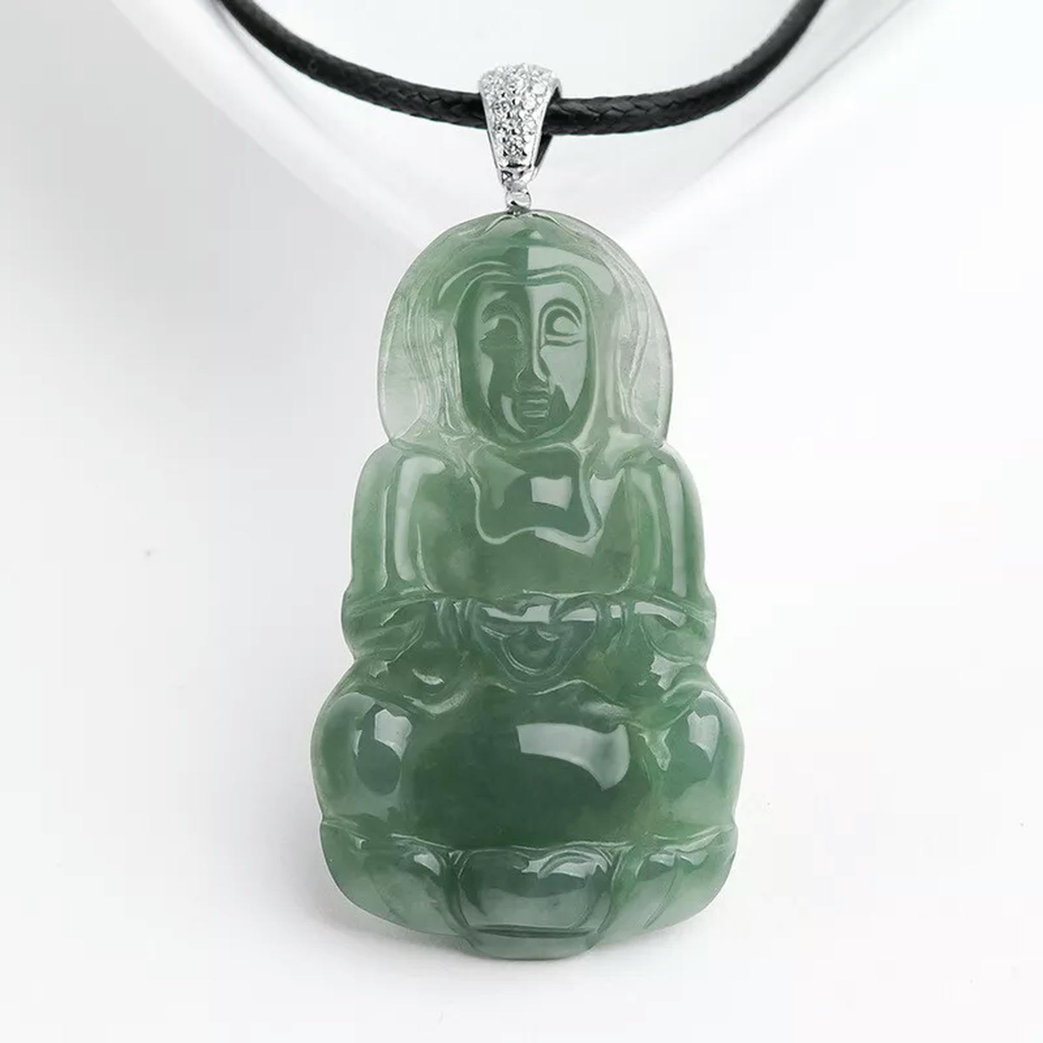 Natürliche Jade Öl Blau Guanyin Anhänger S925 Silber Schnalle Leder Seil Halskette