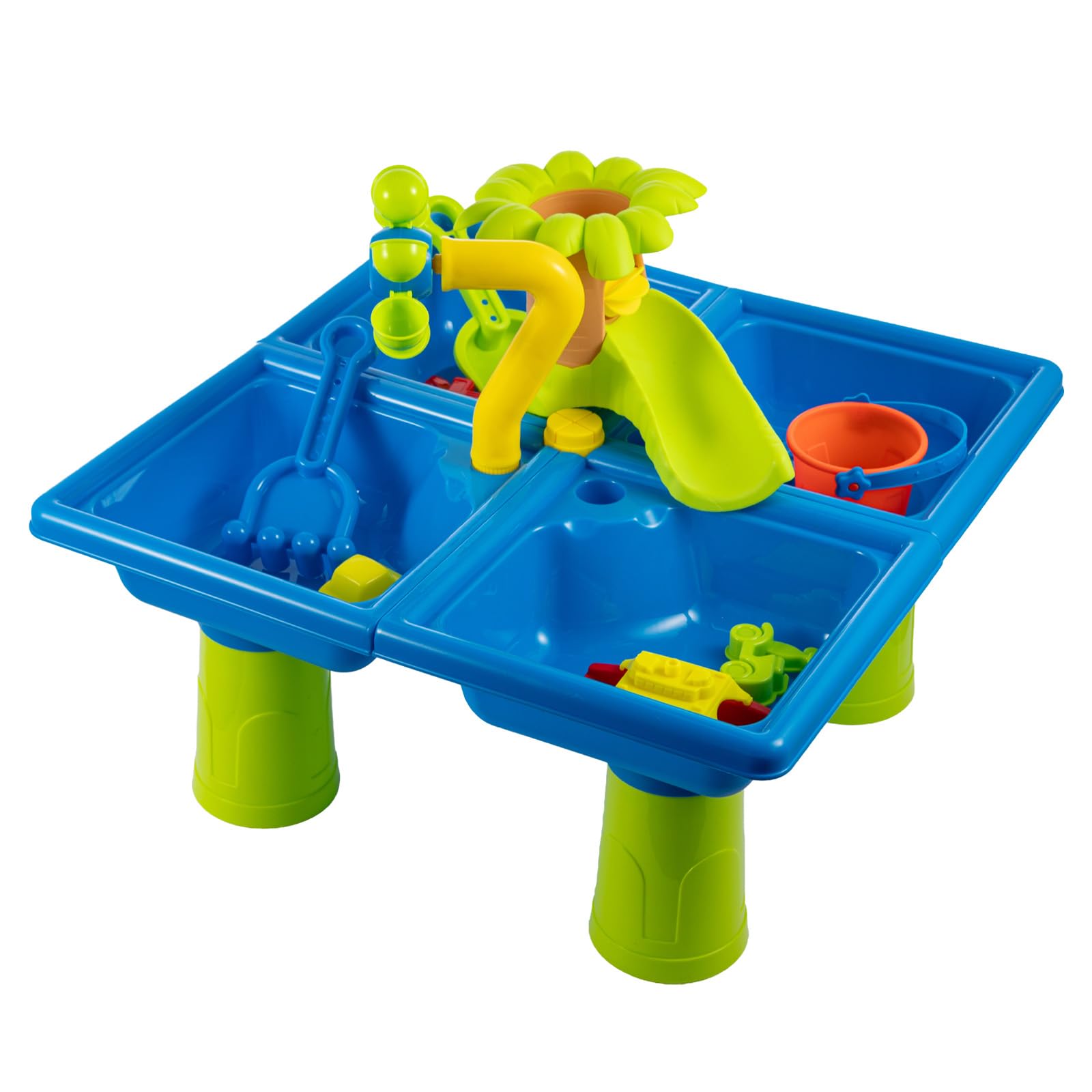 M.J COMFY-LIFE Sand and Water Table with Lid, Double Compartment Toddler Outdoor Play Set, Foldable & Portable Sensory Toys with Moulds, Water Wheel, Boat for Kids 18 Months and Up (25)
