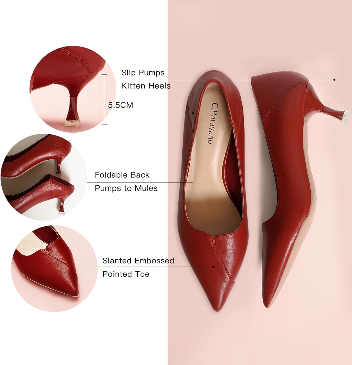 C.Paravano Pumps Women Pointed Toe Kitten Heel Pump Wedding Shoes Dressy Work Casual Low Heel Work Shoes for Office Wear - Image 4
