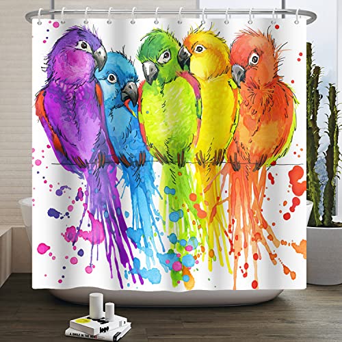 SDOTPMT 150x180cm Perroquet Rideau de Douche Coloré Mignon Animal Oiseaux Rideaux de Salle de Bain Caricature Oiseaux Drôle Graffiti Modèle Imprimer...