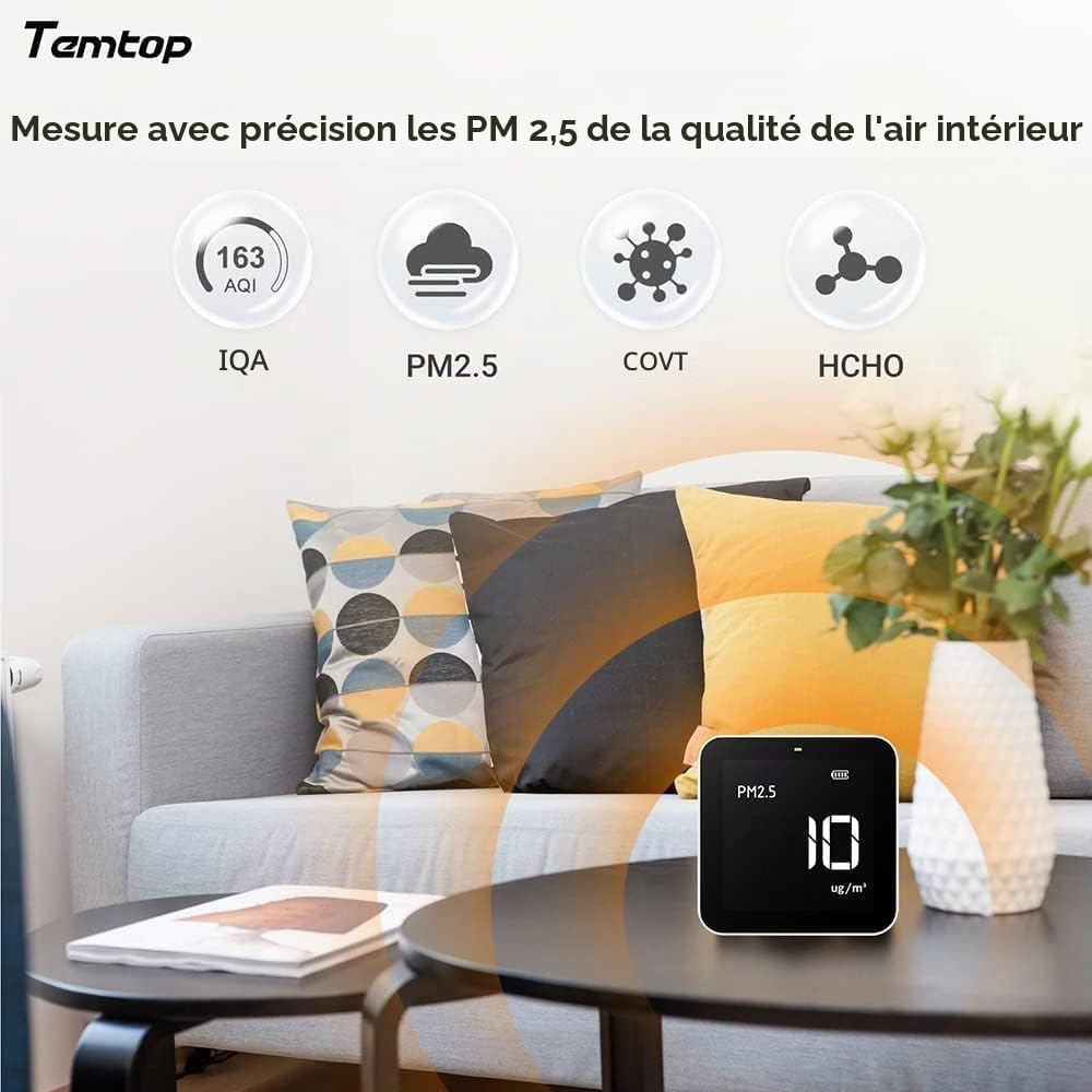 Temtop M10 Surveiller Détecteur de Qualité de l'air pour PM2.5/HCHO/TVOC/AQI, Portable Moniteur Intelligent, Batterie Rechargeable