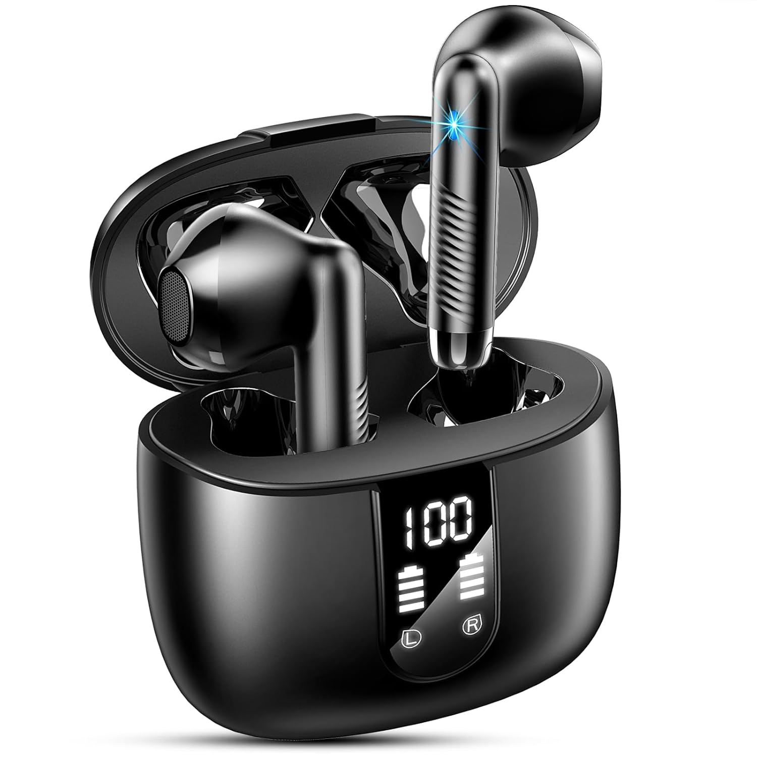 Wasart Wireless Earbuds, Bluetooth 5.3 Headphones In Ear With Hi-Fi Stereo, 40H Ear Buds With 4 ENC Noise Cancelling Mics, IP7 Waterproof Wireless Earphones LED Display USB-C For Android/Ios, Black