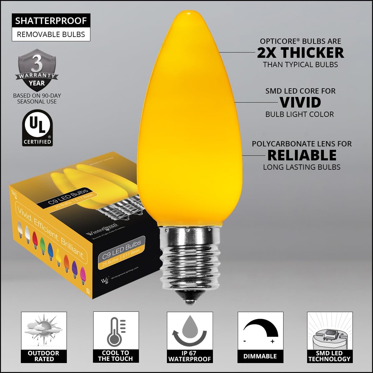 Wintergreen Lighting 25 Pack OptiCore C9 LED Christmas Light Bulbs, Gold Smooth Finish, Heavy Duty E17 Base Premium Outdoor Christmas Light Bulb Replacement