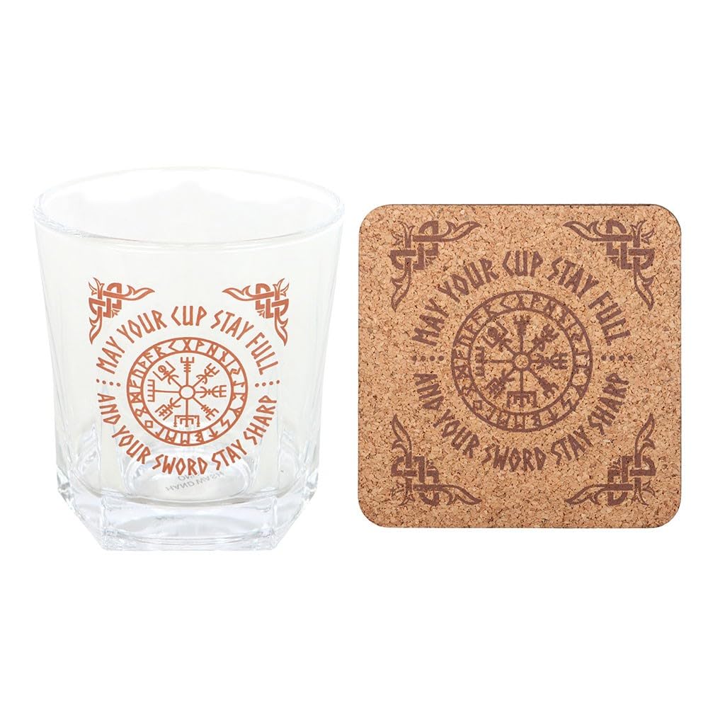 something different Glass Viking Lowball Glass, 300ml, Vegvisir Compass Design, Norse Mythology Theme, with Cork Coaster, Gift Set