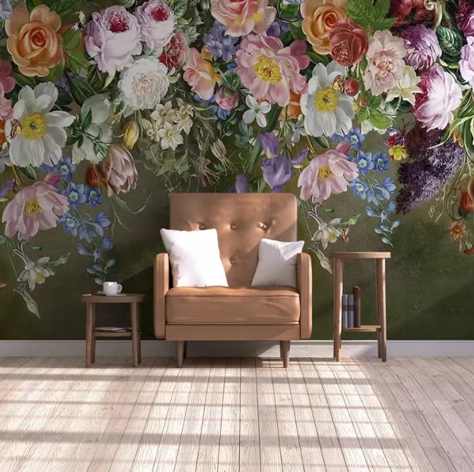 Papier peint fleurs roses 3D pour un salon cosy au style européen rétro chic