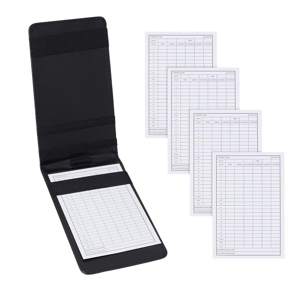 NBEADS Leather Golf Scorecard Holder, Yardage Book Cover with 5 Pcs Golf Scorecard Scorecard Recording Paper and Built-in Pencil Loop, Black, 10.8×19cm