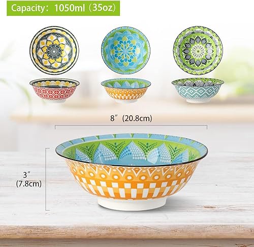 Miniatura 6 de Juego de 3 tazones de sopa de porcelana para ramen, juego de 3 cuencos de fideos para cocina, 35 onzas y 8 pulgadas, coloridos cuencos de cerámica