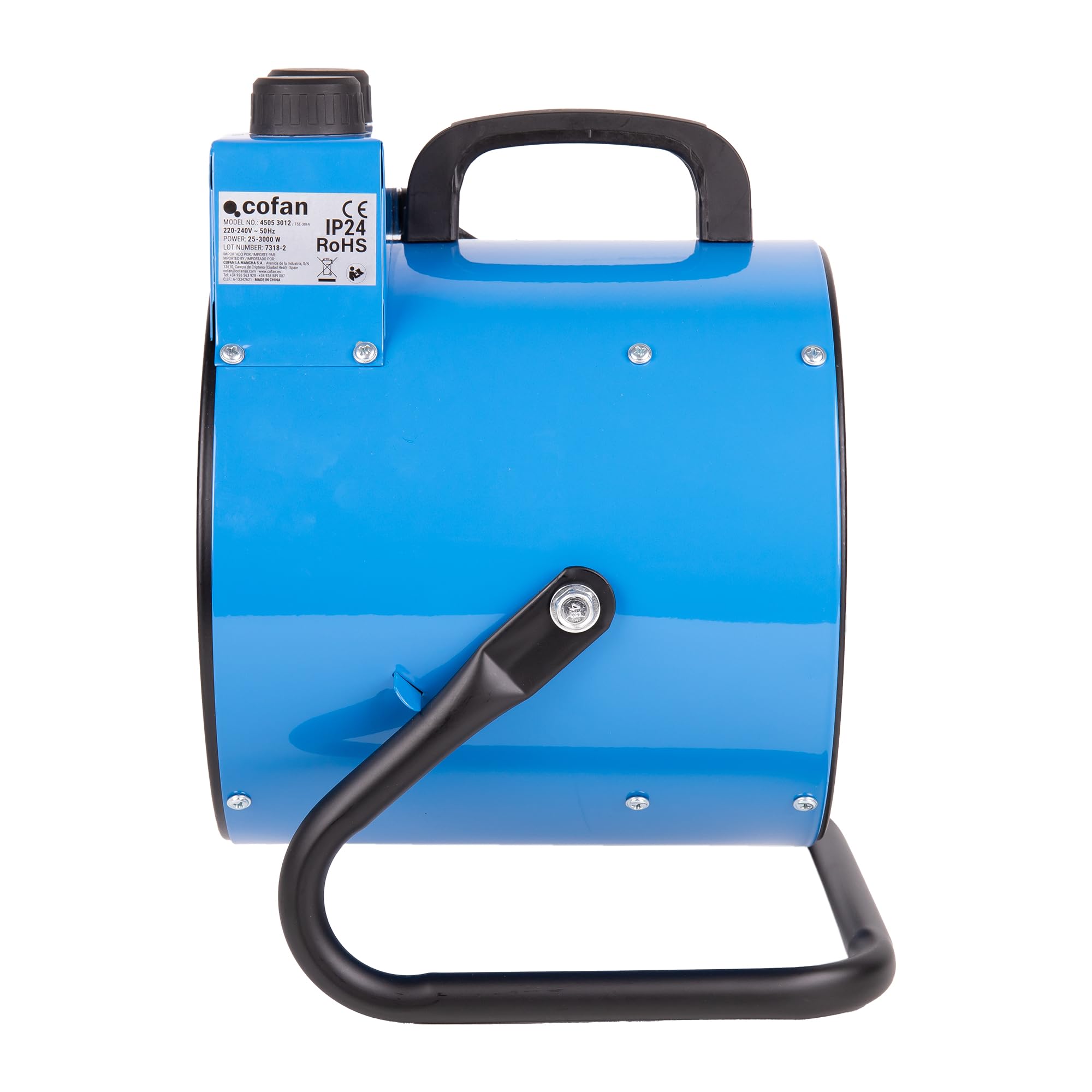Cofan Calefactor industrial 3000 W | 2 niveles de potencia | Termostato ajustable | Función ventilador | Color azul | Adecuado para talleres y almacenes