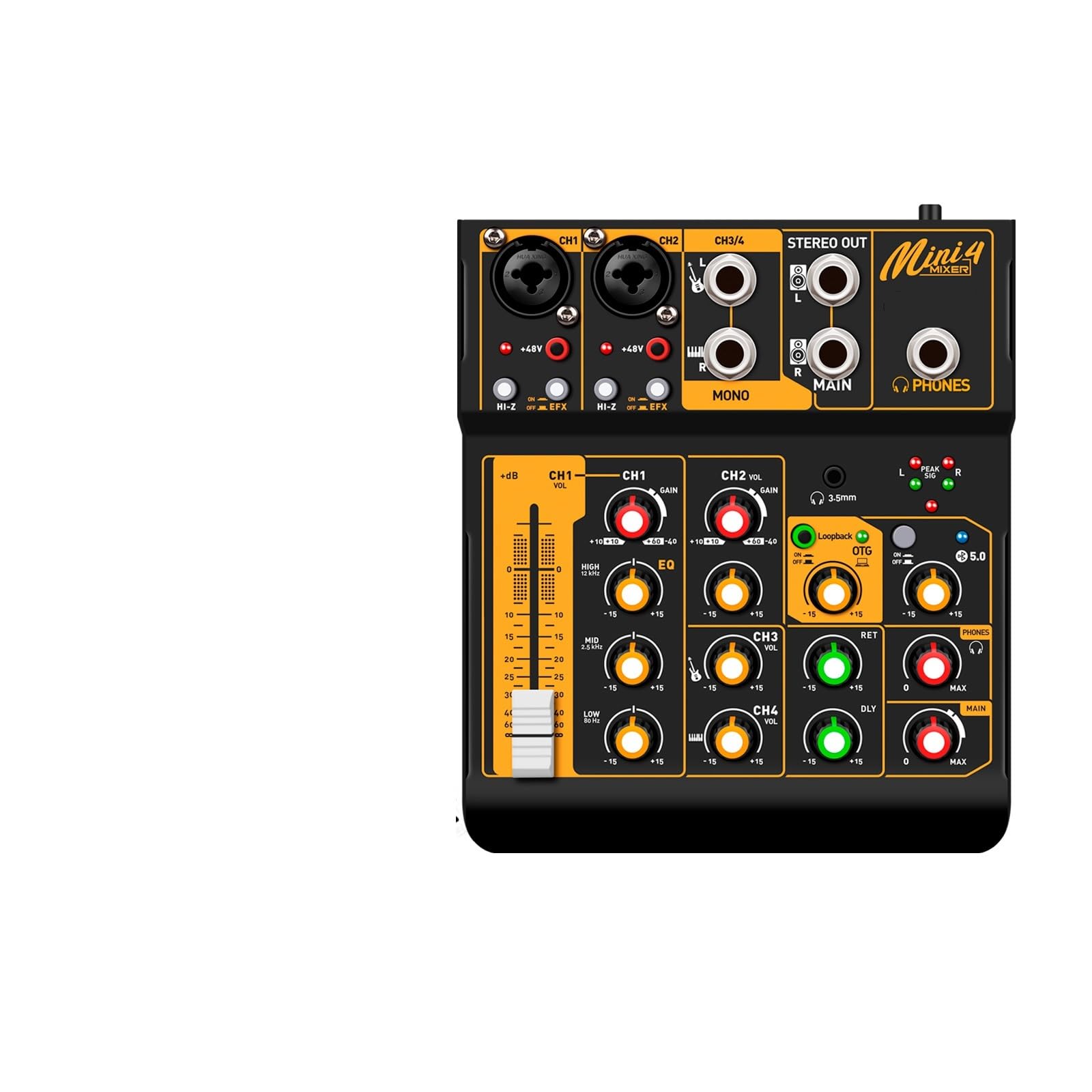 Mixer Audio, Mixer Mini4 a 4 canali, mixer audio con corpo in metallo Scheda Bluetooth 5.0 OTG Reverb 48V