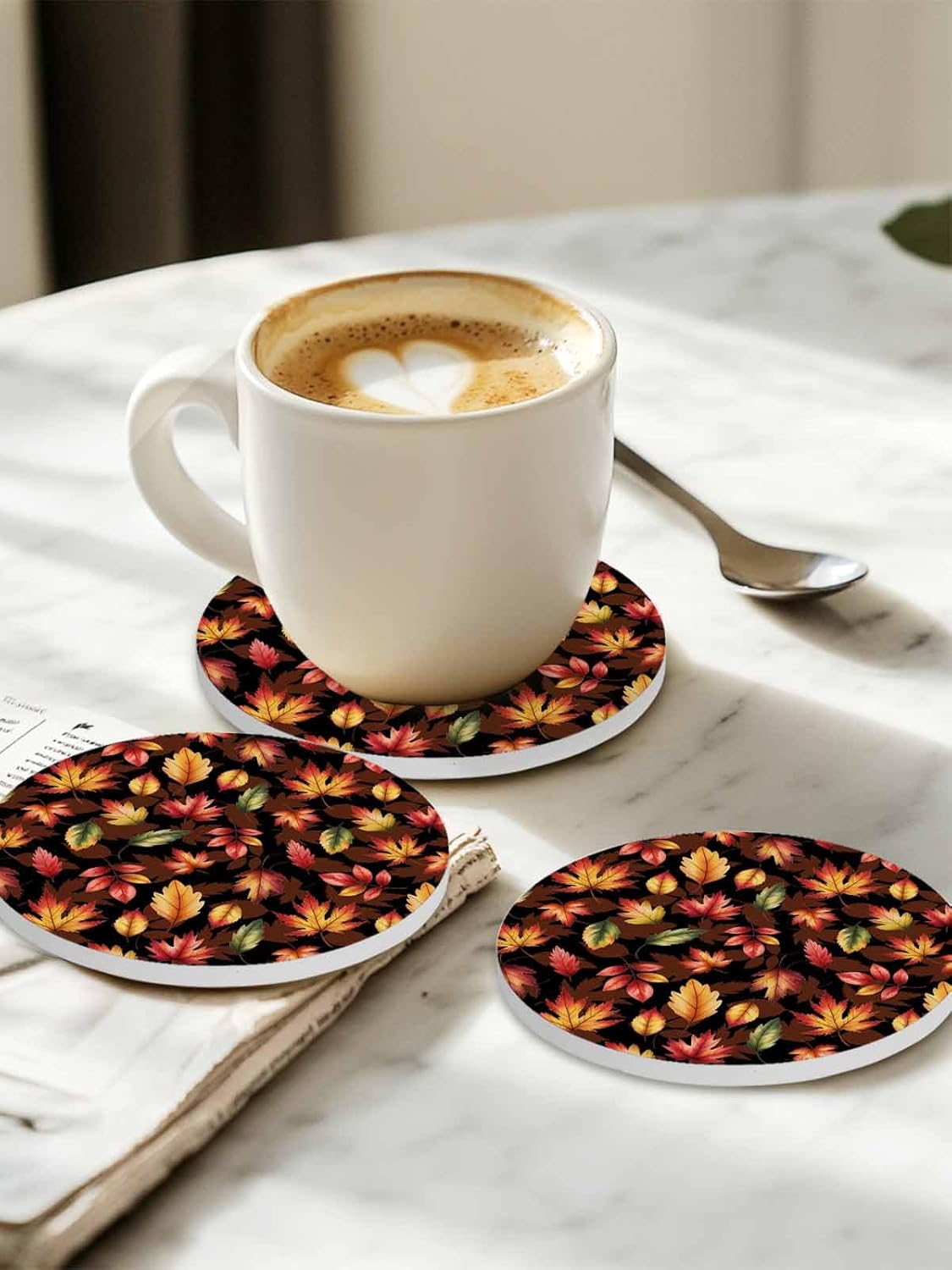 Coasters for Drinks Set of 8 with Holder, Fall Thanksgiving Vintage Maple Leaf Ceramic Cup Mat, Absorbent Ceramic Stone Coasters with Cork Base for Coffee, Cups, Wooden Table, Home Decor 4 Inch