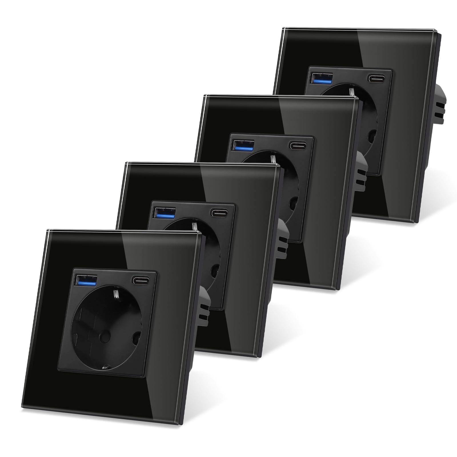 4er-Pack CNBINGO Presa in vetro con porte USB (supporto per Tipo-C e Tipo-A con ricarica rapida 20W) - Semplice presa da incasso in nero - Presa Schuko con contatto di protezione a parete con cornice