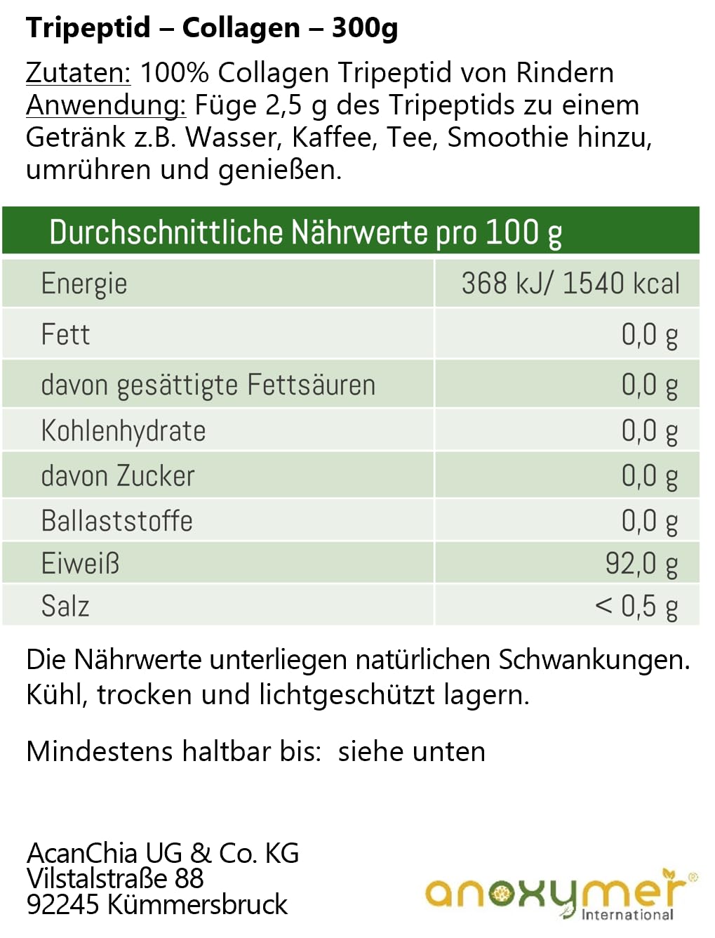 Hydrolysate de collagène - Tripeptide - 300 g - Bonne solubilité - Sans goût - Sans additifs - Du bœuf - Haute biodisponibilité - Seulement 2,5 g par jour (1 cuillère à café)