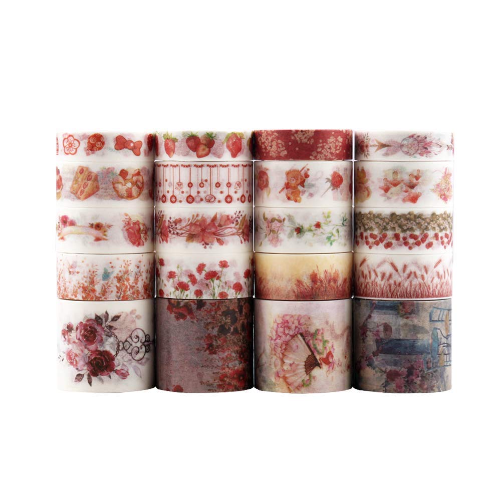 HASTHIP® Dizdkizd 20 Rolls Washi Tape Set, Maple-Leaf Red Masking Tape with 3 Sizes 10/15/30mm Wide, Late Autumn Style Decor Colorful Tapes for DIY Craft, Bullet Journal, Planners, Scrapbooking