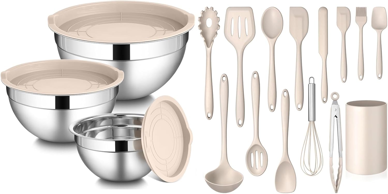 LIANYU Mixing Bowls with Airtight Lids Sets with 14 Pcs Kitchen Utensils Set, 3 Packs Stainless Steel Metal Mixing Bowls and Silicone Cooking Utensils Spatula Set