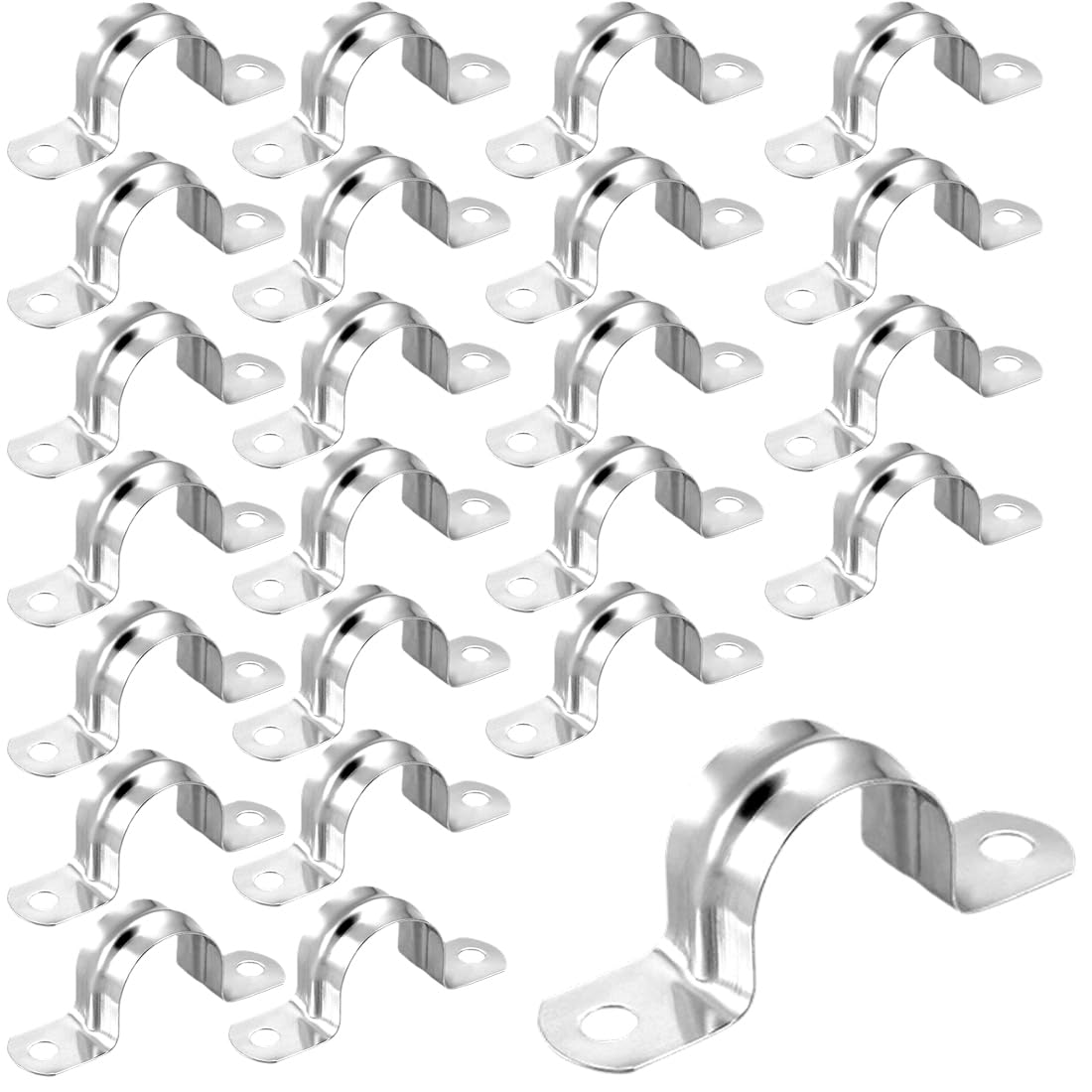 Licqic 24 Pcs Silver U Shaped Pipe Clamp, Two Hole Tube Strap Tension Clips For Fixing Downpipe & Metal Pipe, 24 Pcs M32