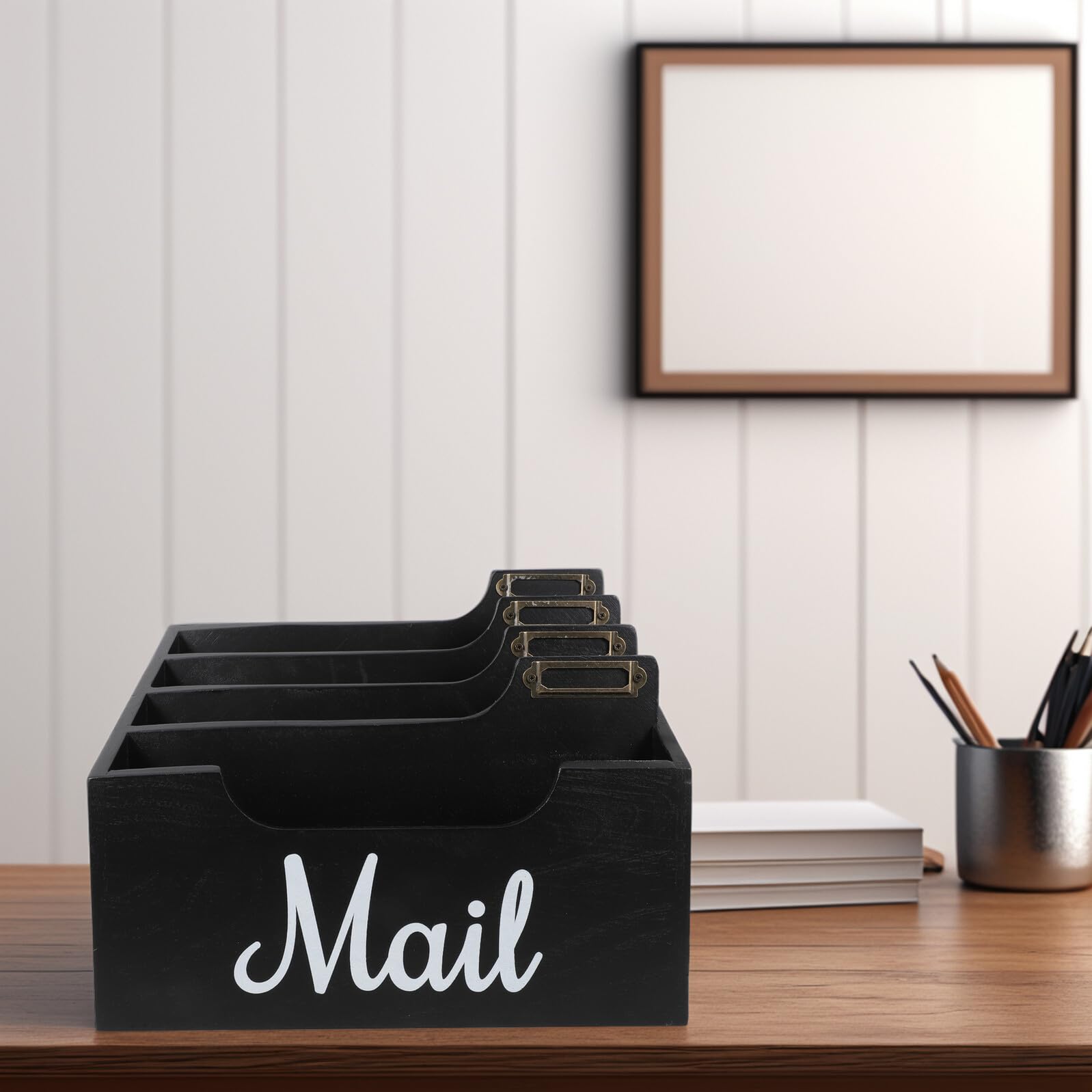 TOPBATHY Holz Schreibtisch Organizer mit Mehreren Fächern Mail Holder für Arbeitsplatte Papierkorb und Stiftehalter Minimalistische Büro Aufbewahrungsbox Schwarz Rustikaler Briefsortierer
