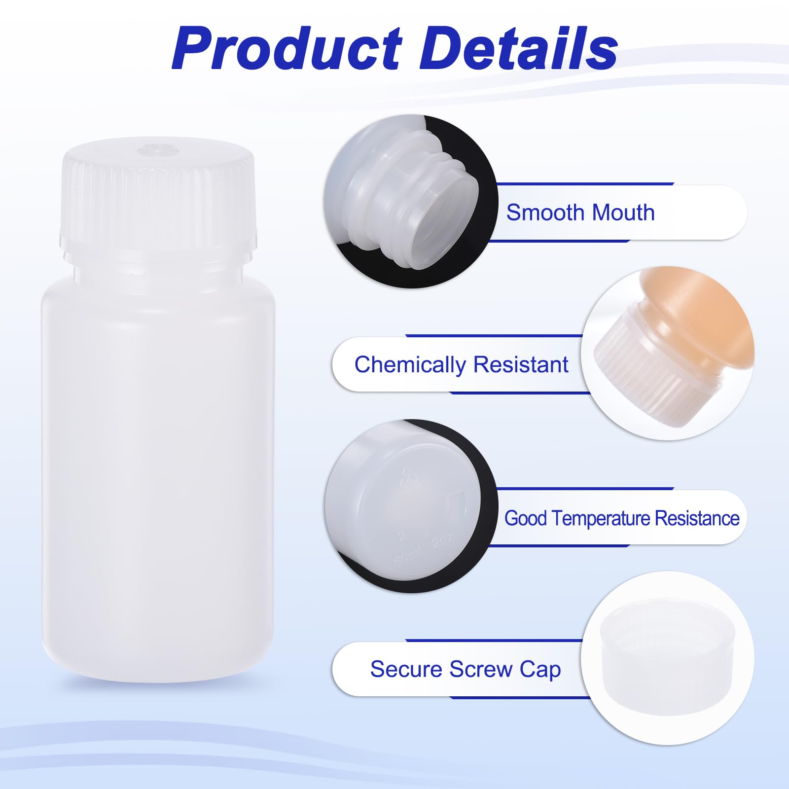 PATIKIL 50Pcs Bouteilles de Réactif de 60 ml, en HDPE, à Large Ouverture avec Bouchon à Vis pour Stockage de Liquides Réactifs en Laboratoire, Couleur Blanche Translucide