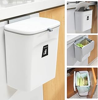 Kitchen Compost Bin for Counter Top or Under Sink, Hanging Small Trash Can with Lid for Cupboard/Bathroom/Bedroom/Office/Camping, Mountable Indoor Compost Bucket (White)