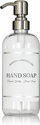 Botella de jabón de manos de plástico PET transparente recargable de 16 onzas con dispensador de bomba de acero inoxidable, botella etiquetada