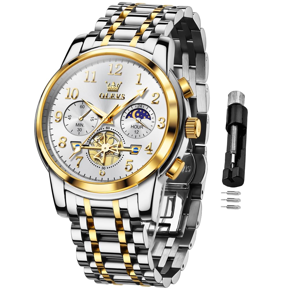 OLEVSMen's Business Watch Gold Blue with Large Easy-Read Analog Quartz Date Display Luxury Stainless Steel Band Waterproof Luminous Hands