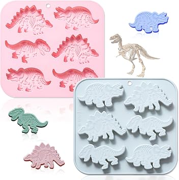 2 Pack Dinosaurs Fossil Silicone Molds, 6 Cavity 3D Cute Dinosaur Skeleton DIY Silicone Fondant Cake Decor Mold Tray Baking Tools for Chocolate Candy Mousse Pudding Handmade Soap Candle Clay