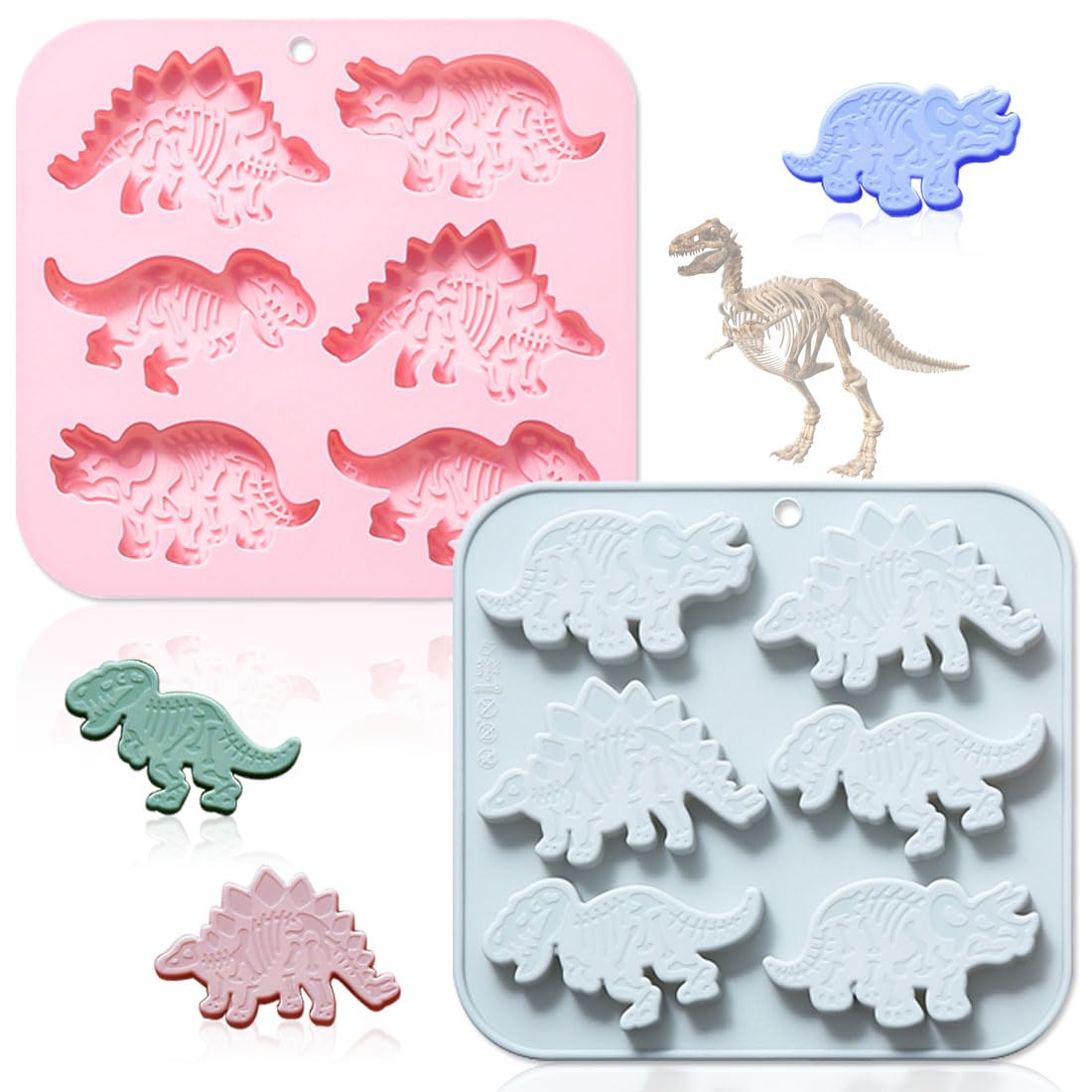 2 Pack Dinosaurs Fossil Silicone Molds, 6 Cavity 3D Cute Dinosaur Skeleton DIY Silicone Fondant Cake Decor Mold Tray Baking Tools for Chocolate Candy Mousse Pudding Handmade Soap Candle Clay