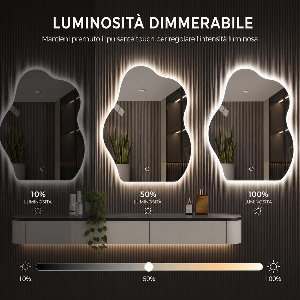 Shally Dogan Specchio Ondulato da Parete con Led Dimmerabile a 3 Colori, Bianco Freddo, Caldo e Naturale, Accensione con Touch, Decorazione da Muro Design Moderno e Salvaspazio, 50 x 70 cm