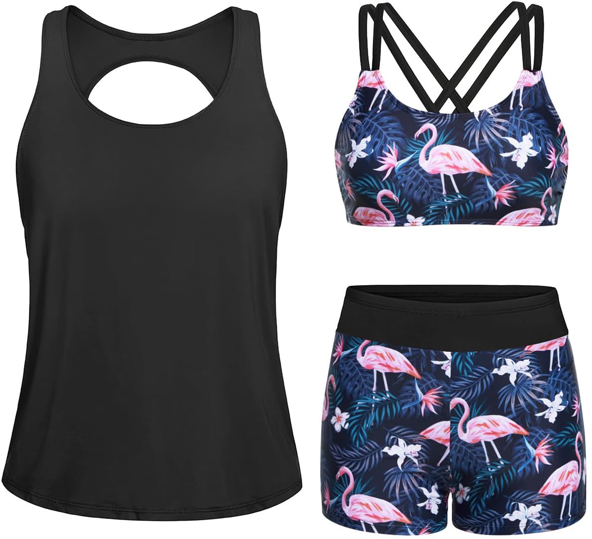 Tankini Swimsuits for Women 3 Piece Bathing Suits Swim Tank Top with Boy Shorts and Bra Modest Swimwear, Black Flamingo, X-Small-image-34