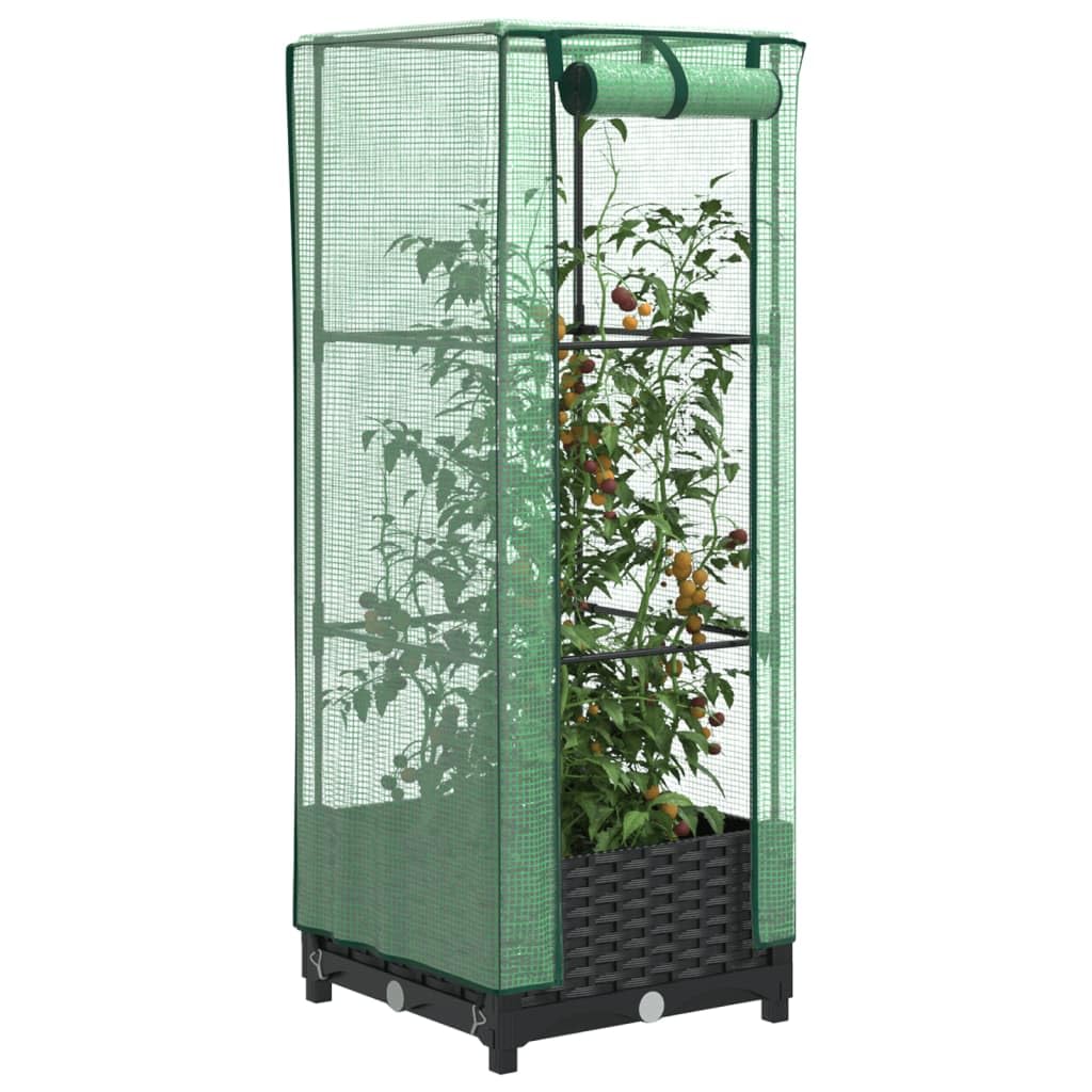 Bancal alto con accesorio de invernadero, 40 x 40 x 123 cm, aspecto de ratán, color negro, para balcón, jardín, terraza y pequeños jardines urbanos