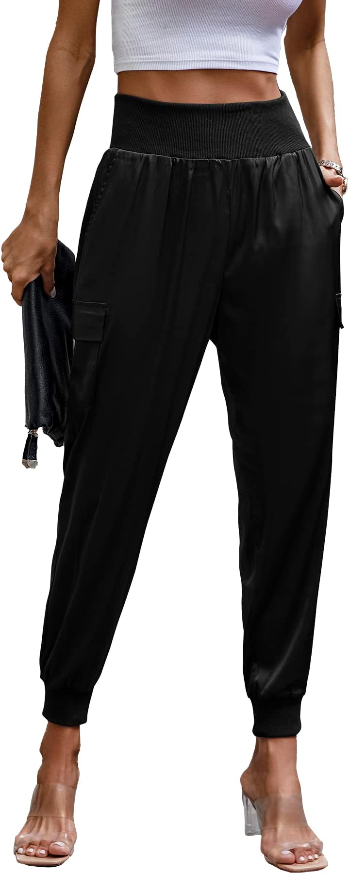 Women's Satin Jogger Pants Casual Dressy High Waist Long Lounge Pant Trousers Summer Outfits with Pockets