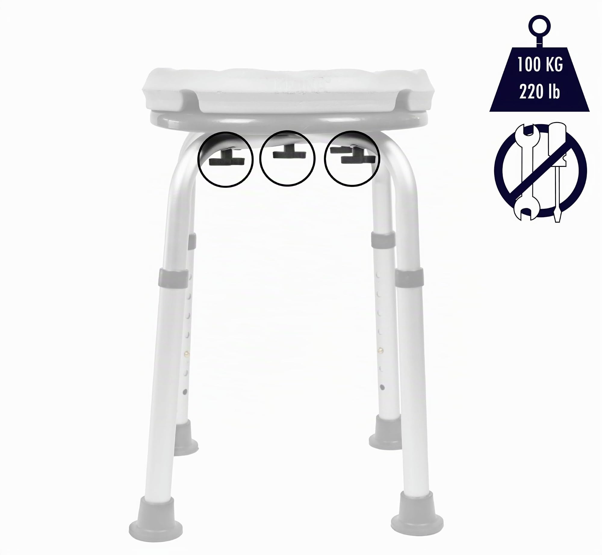 KMINA Taburete Ducha para Mayores con Cojín de Espuma, Banqueta Ducha, Impermeable, Altura Regulable, Montaje Sin Herramientas - Fabricado en España