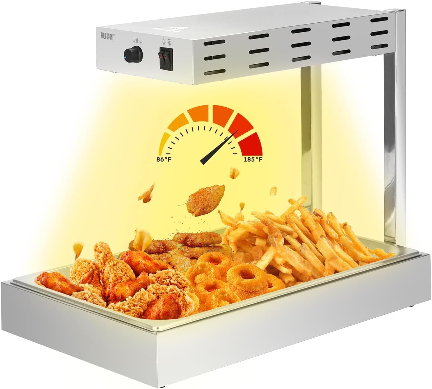 Fulgutonit French Fry Warmer, Commercial Heat Light Food Warmer Thermostable Food Heating Lamp for Chips, Stainless Steel Free-Standing Infrared Heating Dump Station