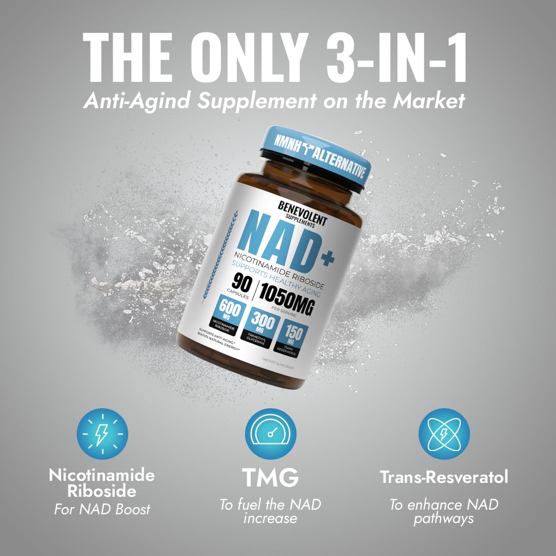 Benevolent NAD+ Supplement 1050mg, Max Absorption 3in1 NAD Supplements for Women & Men with Nicotinamide Riboside, Trans-Resveratrol & TMG, NAD Plus for Cellular Energy, Brain Support & Aging, 90 Caps