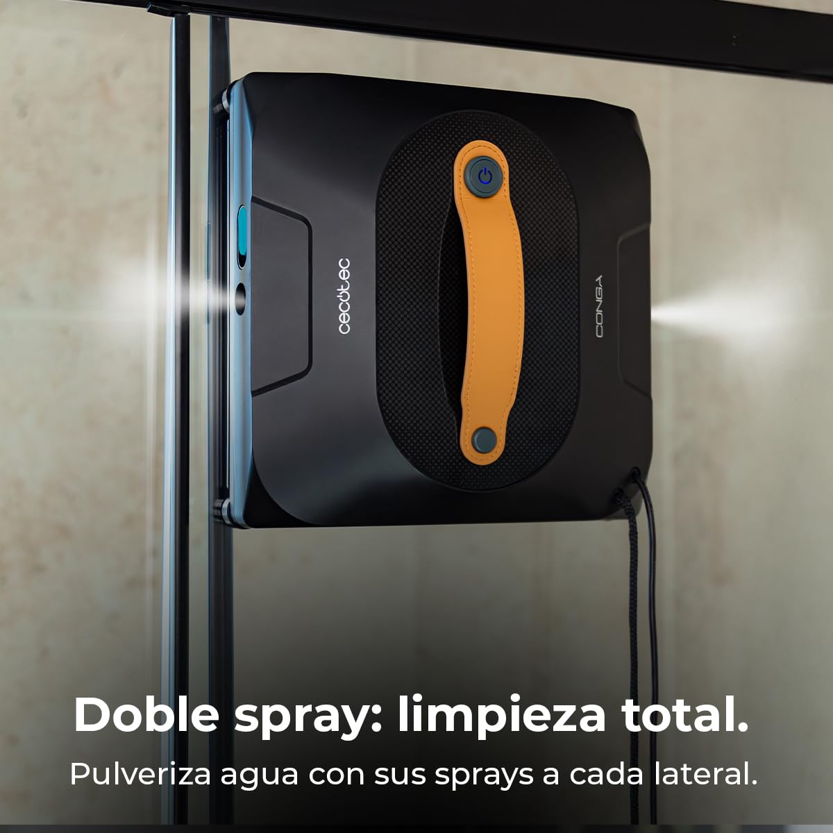 Cecotec Robot Limpiacristales con App y Mando Conga Windroid 1390 Double Spray Connected. 3 en 1, Pulveriza, Limpia y Seca, Doble Spray, 8 Modos, Radio Acción 7,5m, Cuerda de Seguridad, Kit Limpieza