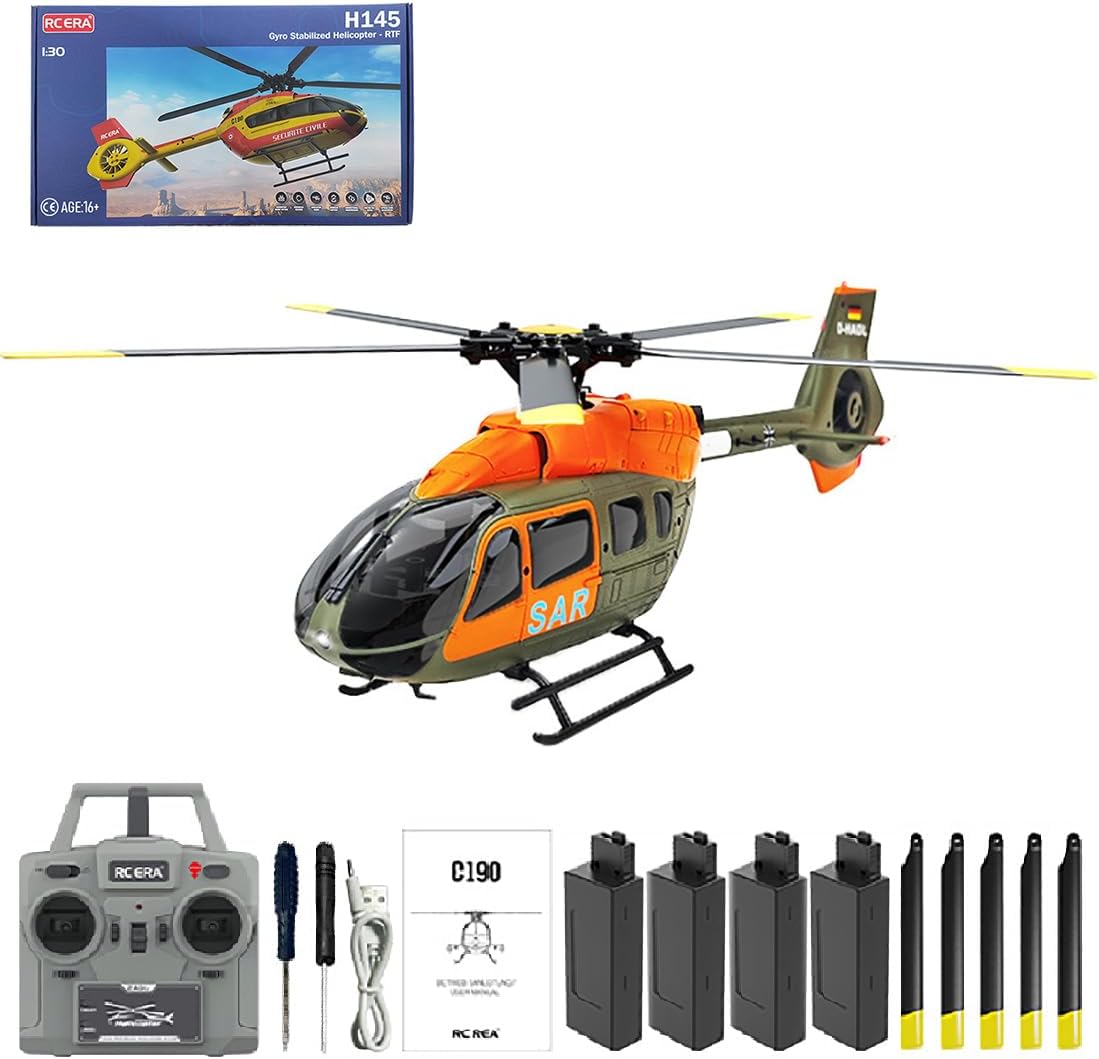 C190 RC Helicopter for Adults, 1/30 Scale H145 2.4G 6CH Single-Rotor Gyroscopic Flying Helicopter with 6-axis Gyroscope and Dual Brushless Motors for Beginners - 3 Battery