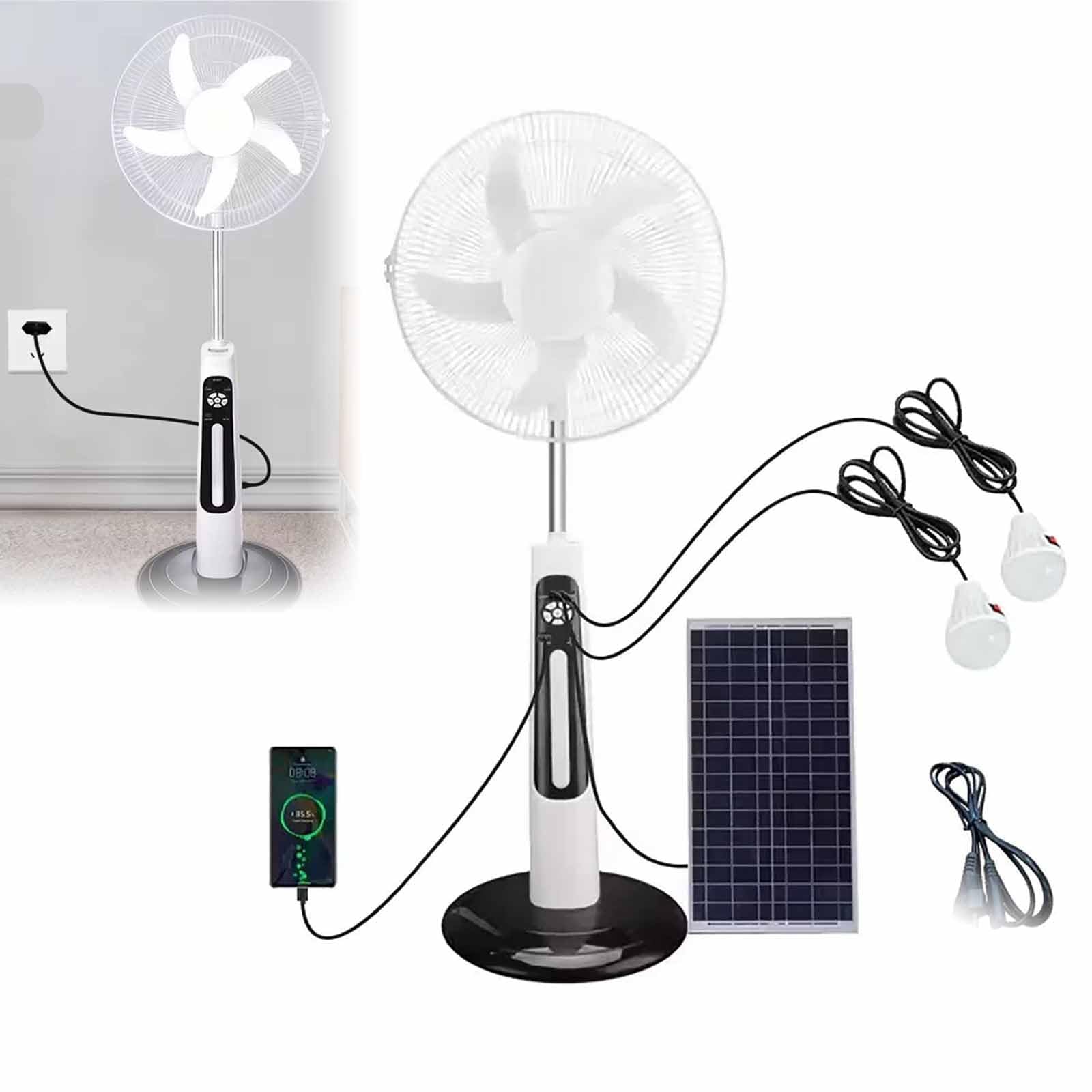 Ventilador solar silencioso para combatir apagones y calor con luz nocturna y USB