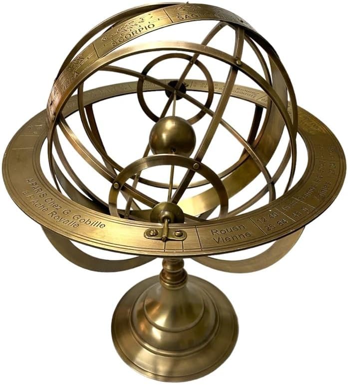 18" Astrolabe Brass Armillary Sphere, Zodiac Sign Engraved Armillary Globe, Home & Office Table Top Décor