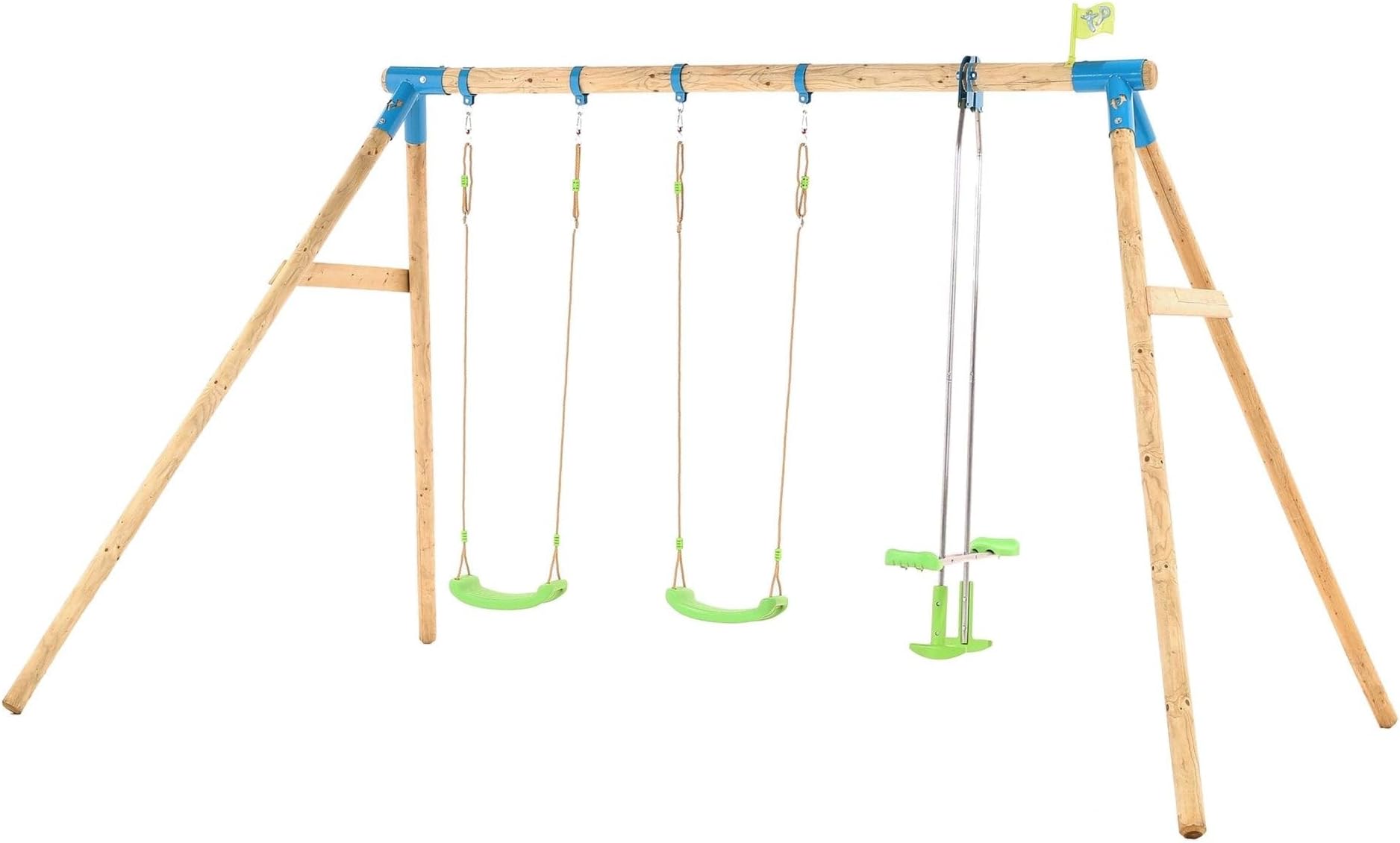 TP Toys Knightswood Triple Wooden Swing Set With Glide Ride - Includes 2 Adjustable Rapid Lime Swing Seats & 2 Seater Glide Ride. Ground Stakes, FSC Certified Pressure Treated Wood, Age 3 years+.