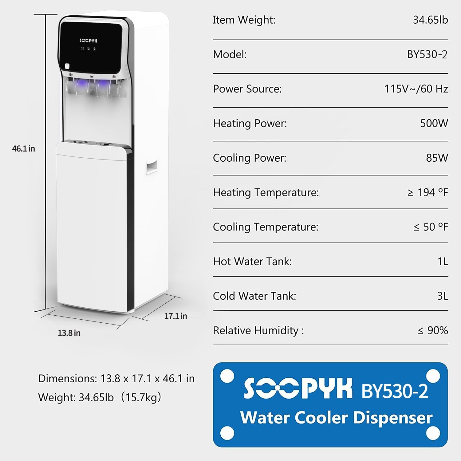 Diagram showing the dimensions and key specifications of the SOOPYK SOBY530-2 water cooler dispenser.