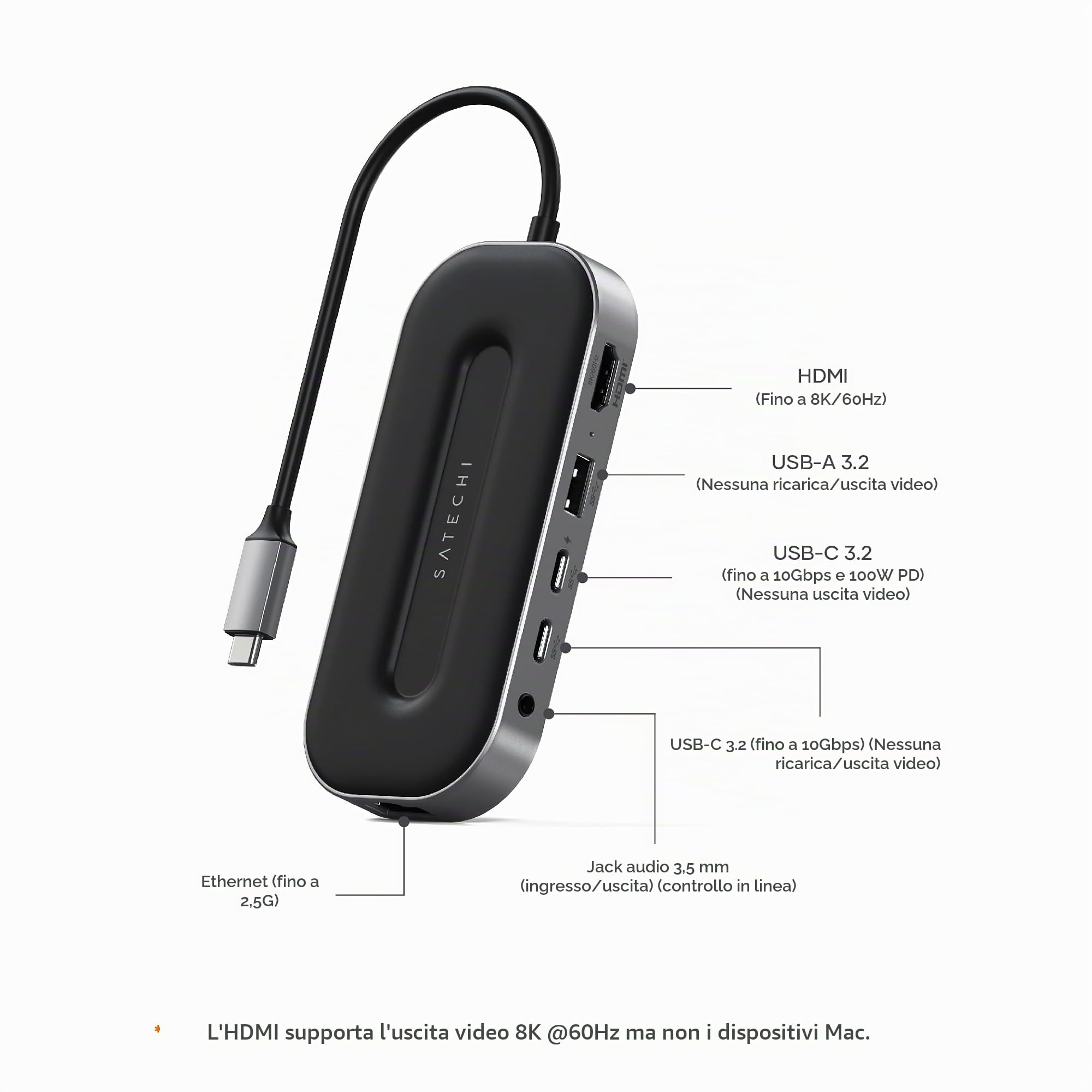 SATECHI Hub USB4 6 in 1 Multiporta, 40Gbps, HDMI 8K, PD 100W | 2x USB-C e 1x USB-A a 10Gbps, Ethernet Gigabit, jack audio 3,5 mm, per MacBook Air/Pro/Neo e PC Windows