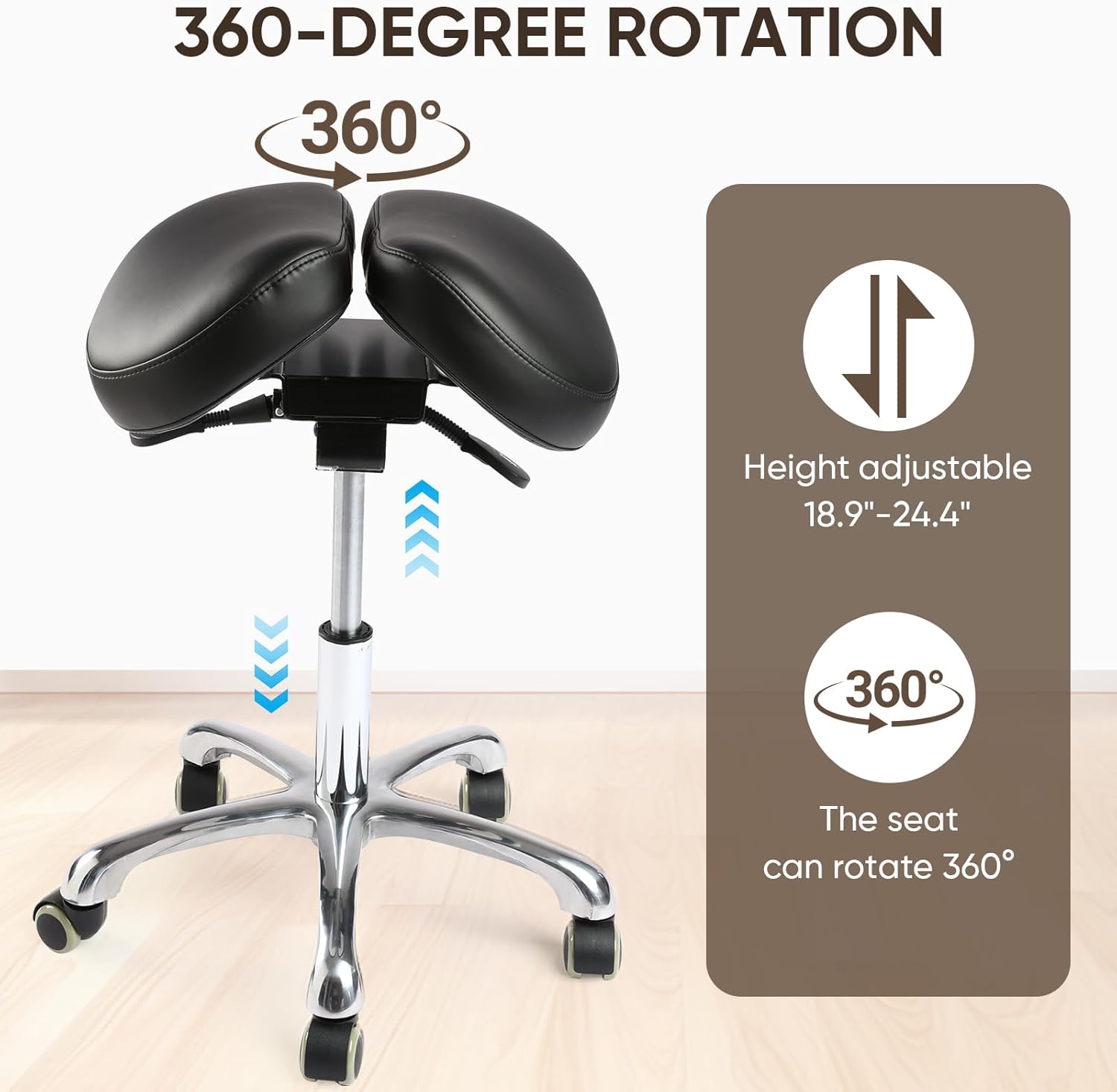 Ergonomic Saddle Stool,Split Saddle Chair, Adjustable Height Rolling Chair, 360° Swivel for Massage, Spa, Tattoo, Office